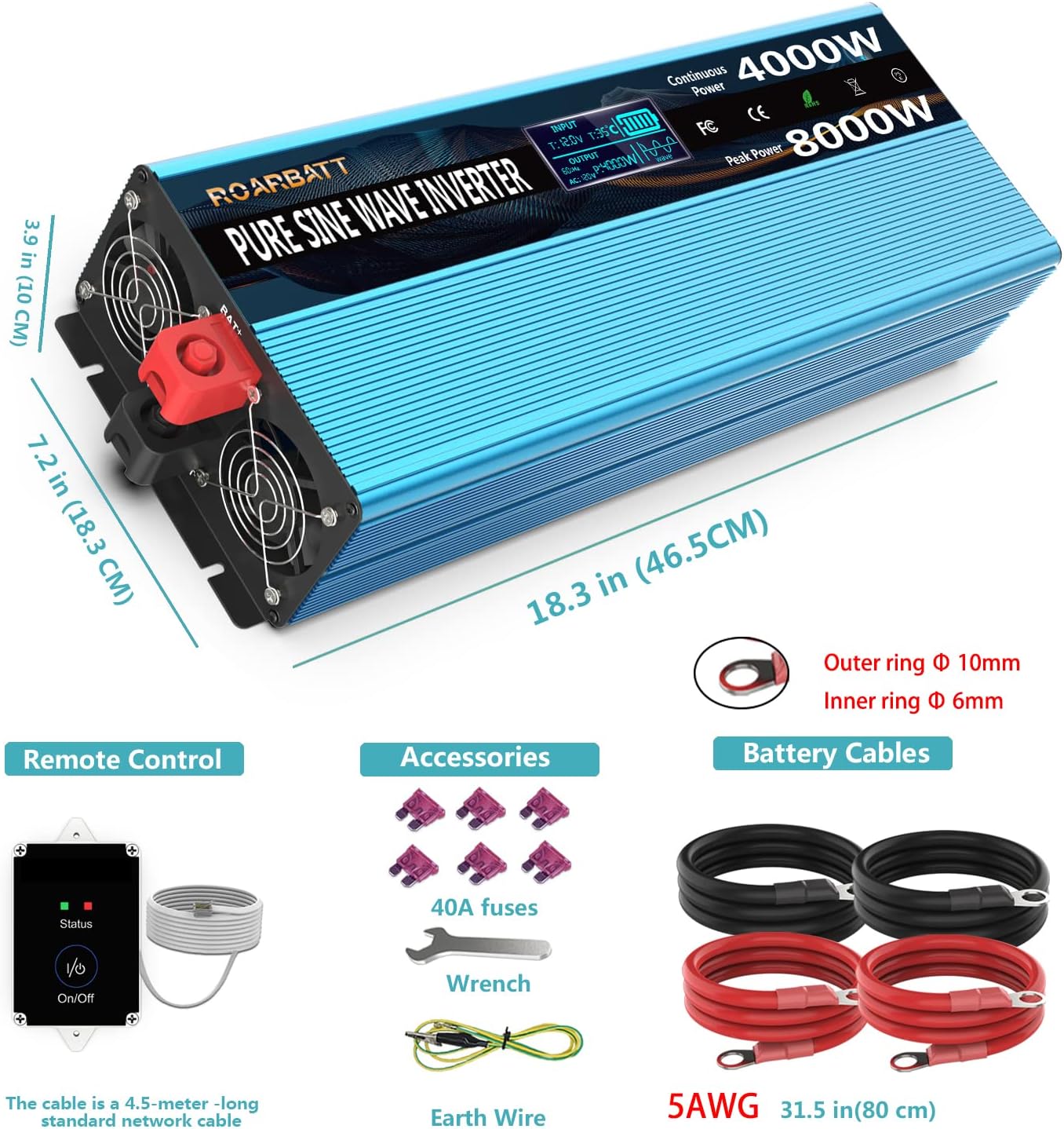 Pure Sine Wave Power Inverters 4000Watt 12V DC to AC 110V 120V Peak Power 8000Watt with Remote Control 4 AC Outlets and Dual USB Port for CPAP RV Car Solar System Emergency