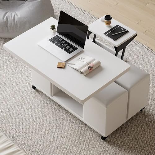 homary White Lift Top Coffee Table with Hidden Storage, 3 in 1 Multi-Function Modern Folding Center Table with 4 Stools and Casters