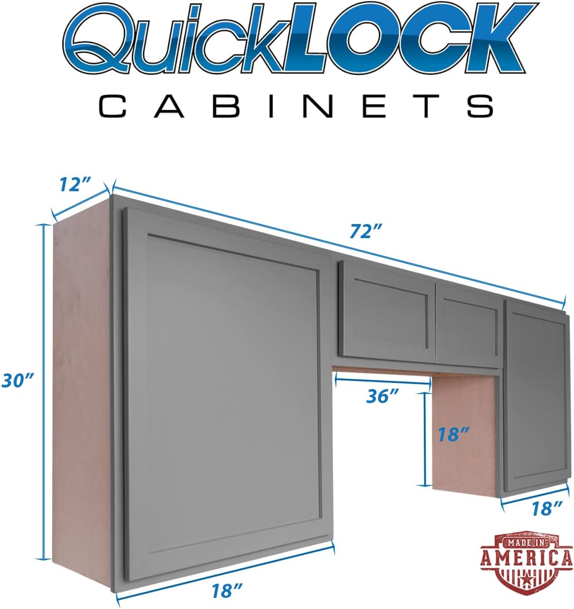 RTA (Ready-to-Assemble) Cabinets | Magnetic Grey Starter Laundry Room Cabinet Kit | 72" Wide | 2 x 18 W x 30" H x 12" D | 1 x 36 W x 12" H x 12" D | Storage Cabinets | Shaker Cabinets