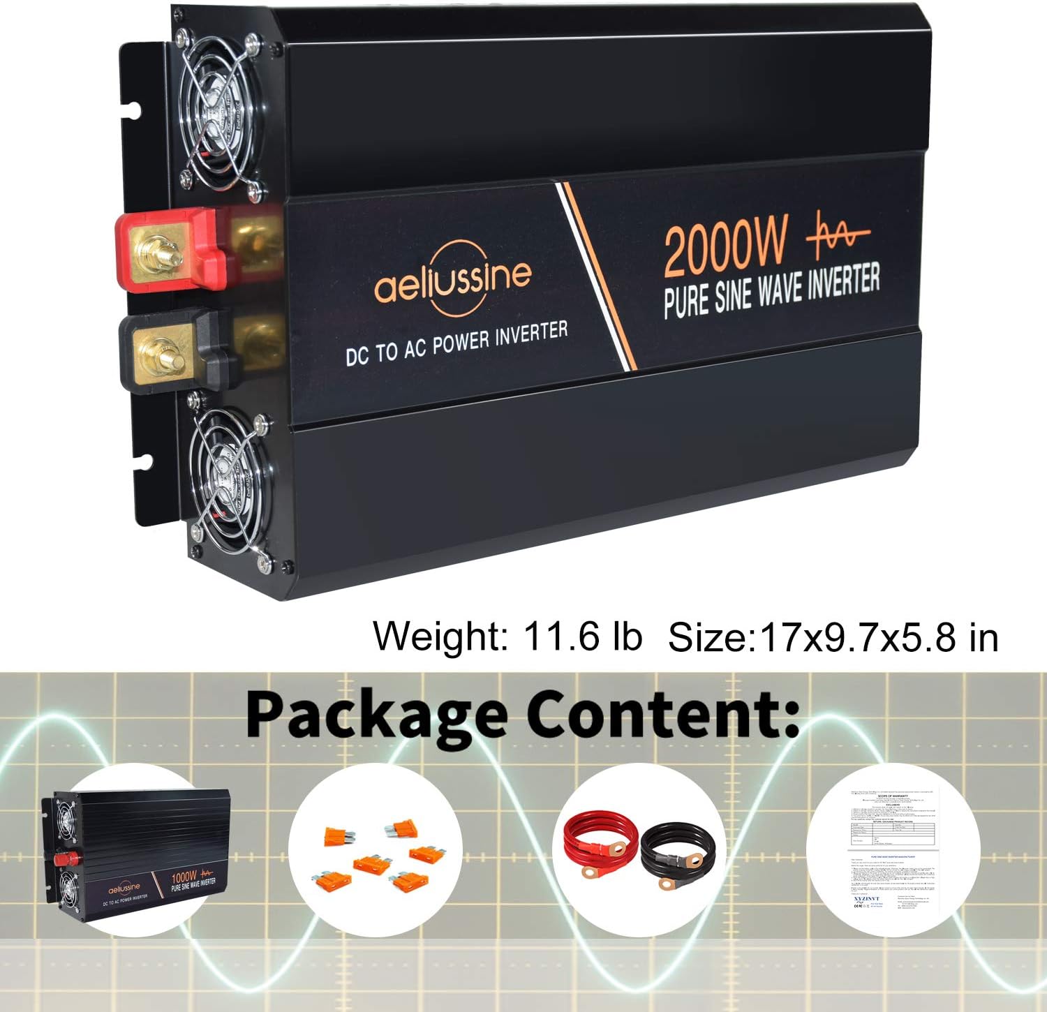 aeliussine Power Inverter 2000W Pure Sine Wave Inverter 12v DC to AC 120v Peak 4000 Watt Converter with LCD Display USB Charge Port for Car RV Boat Solar Power System.