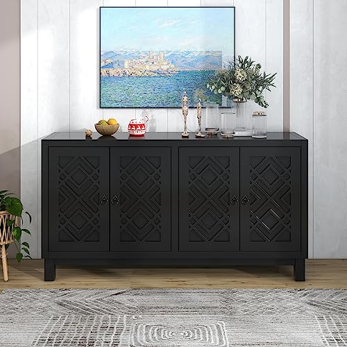 Merax Black Farmhouse Buffet Sideboard with Adjustable Shelves and 4 Doors Wood Coffee Bar Cabinet TV Stand for Living Room Bedroom Kitchen, 1 Set