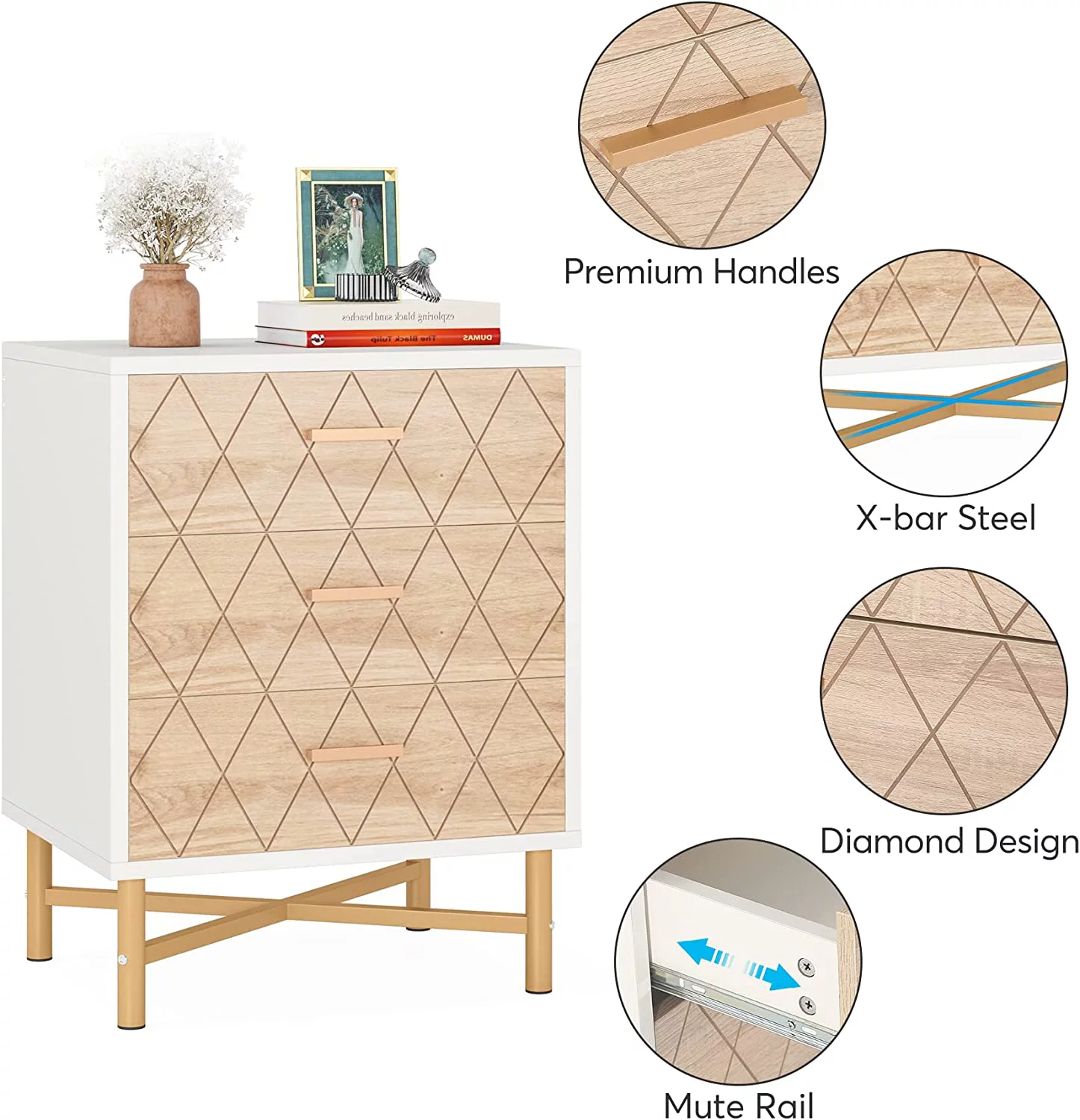 Tribesigns 3-Drawer Nightstand Set of 2, Mid Century Modern Night Stand with Storage, Large Bed Side Table for Bedroom,
