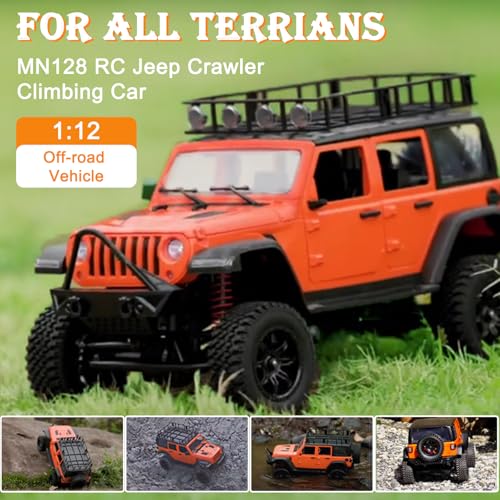 RC Jeep 1/12 Off-Road Climbing Car 4x4 RC Rock Crawler RC Truck 390 Motor LED Lights RC Crawler MN128 with Metal Drive Shaft & Two 1200mAh Battery (Orange)