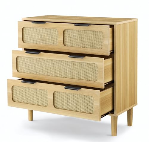 Garteder Modern Rattan Storage Cabinet with Wide Drawers and Metal Handles, Farmhouse Wooden Storage Chest of 3 Drawers for Dining Room, Living Room, Hallway, Entryway