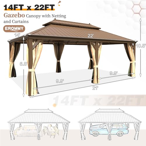 EROMMY 14'x20' Hardtop Gazebo Double Roof Galvanized Steel Canopy Outdoor Aluminum Frame Permanent Metal Pavilion with Netting and Curtains for Patio Backyard Deck and Lawns
