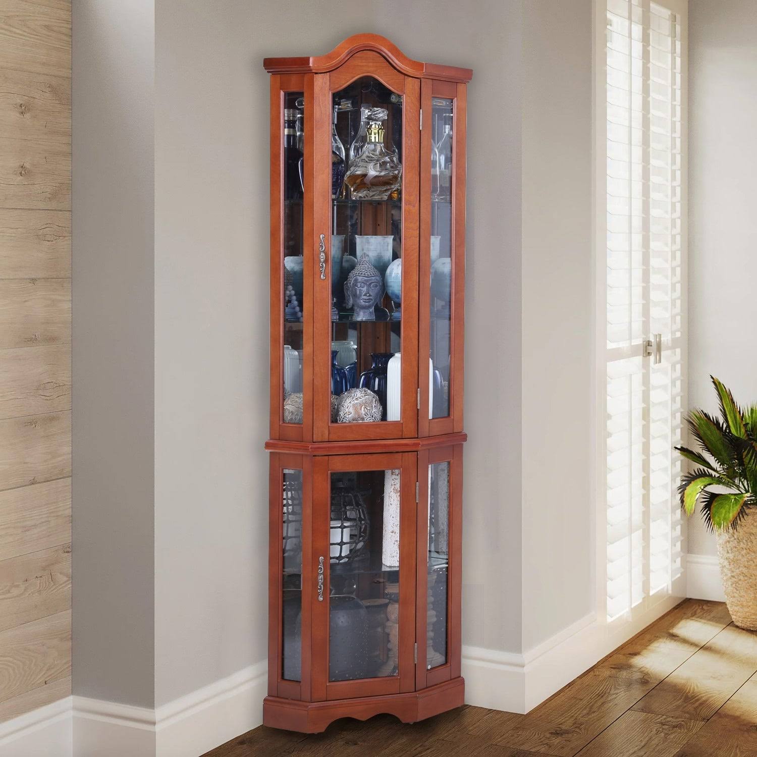 Phi Villa Lighted Corner Curio Display Cabinet - Brown