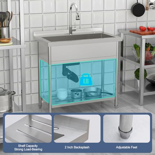 Lordear Stainless Steel Utility Sink 24 Inch - 24"x21" Freestanding Stainless Steel Kitchen Sink Single Bowl Commercial and Residential Use for Laundry Room Garage Outdoor and Kitchen