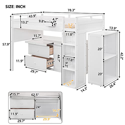 BIADNBZ Double Twin Size Loft Bed with Wardrobes and Storage Stair, Wooden High Loftbed Frame for 2, for Kids Teens Adults, White