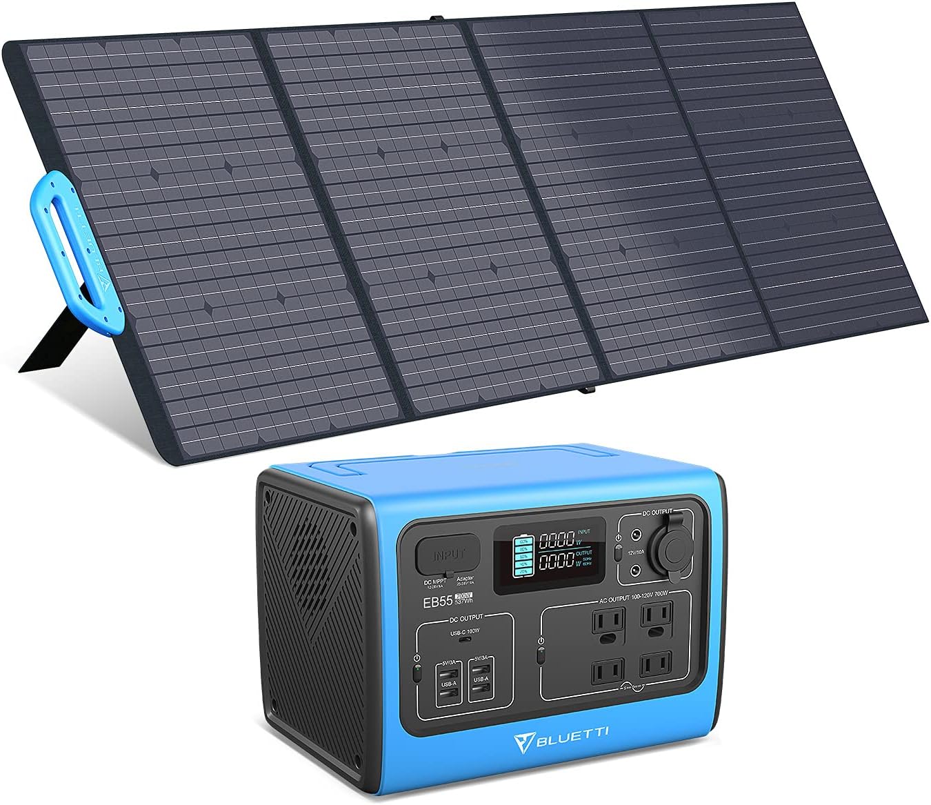 BLUETTI Solar Generator, EB55 Portable Power Station 537Wh/700W (Peak 1400W) with PV200 200W Solar Panel Included, LiFePo4 Battery Pack with 4 AC Outlets for Outdoor Camping Off-grid, Emergency