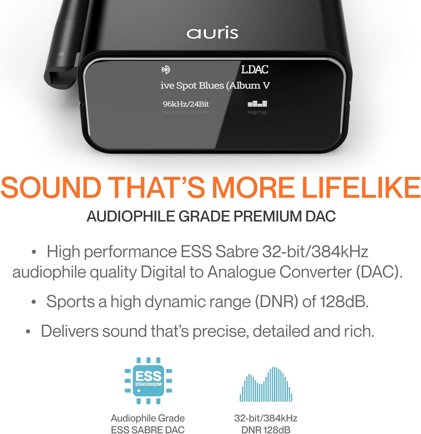 Auris Blume Pro HiFi Bluetooth 5.0 Music Receiver Long Range Bluetooth Adapter with Audiophile DAC, LDAC, aptX HD, OLED Display & Optical Coaxial AUX Output for Home Stereo, AV Receiver or Amplifier