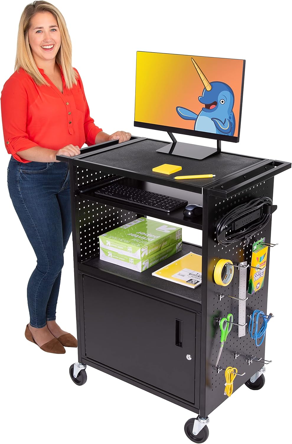 Line Leader Stellar AV Cart | Computer Cart with Pegboard Siding & 12 Hooks for Customizable Storage | Locking Cabinet & Pullout Keyboard Tray | UL Safety Certified Power Outlets | Locking Wheels