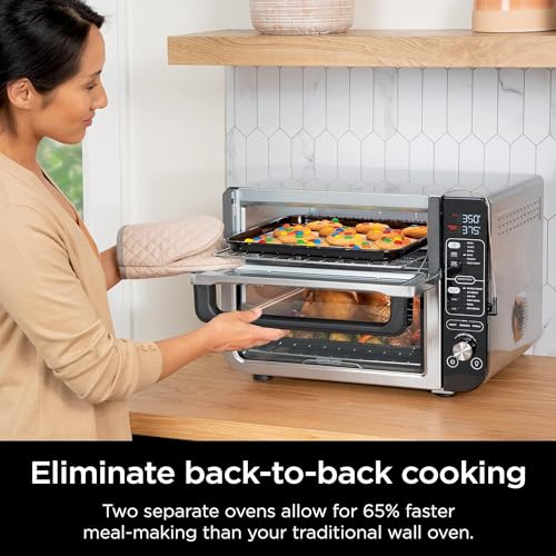 Ninja DCT401 12-in-1 Double Oven with FlexDoor, FlavorSeal & Smart Finish, Rapid Top Convection and Air Fry Bottom, Bake, Roast, Toast, Air Fry, Pizza and More, Stainless Steel (Renewed)