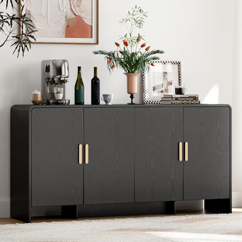 60" Sideboard Buffet Cabinet with Storage, Curved Design Farmhouse Coffee Bar Cabinet with 4 Doors & Adjustable Shelves for Living Room, Kitchen, Hallway, Walnut