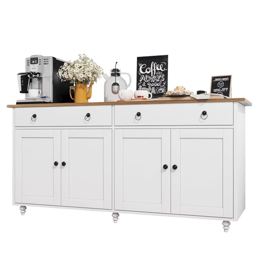 4 EVER WINNER Buffet Cabinet with Storage, 55" Sideboard Buffet Cabinet with 2 Drawers and 4 Doors, Modern Farmhouse Coffee Bar Cabinets, Wood Buffet Table for Kitchen, Dining Room, White