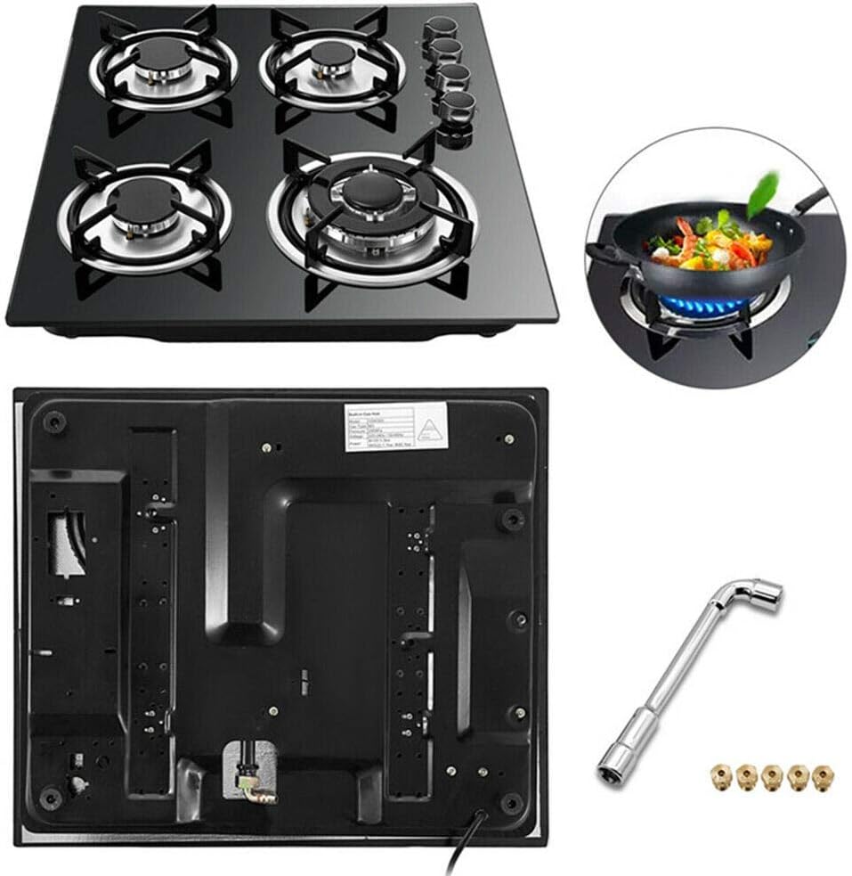 23'' Gas Stove Cooktop, 4 Burner Built-in Stove Tempered Glass LPG/NG Gas Cooktop Home Kitchen Hob Cooker Thermocouple Protection