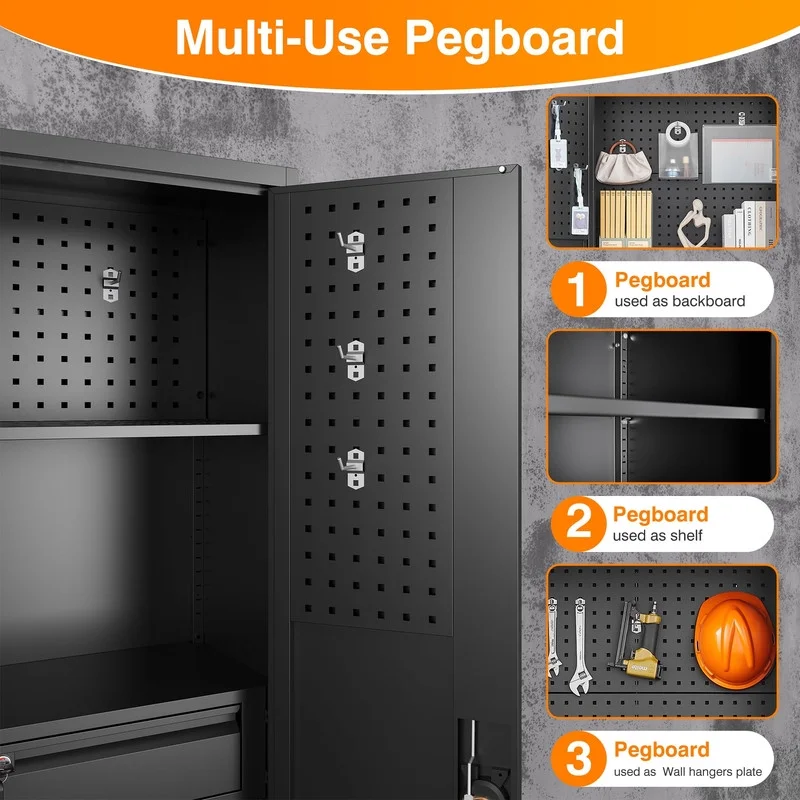 Fesbos Metal Storage Cabinet with Pegboard, Heavy Duty Garage Storage Cabinet with Adjustable Shelves and Doors, Lockable Steel Storage Cabinet with Drawer