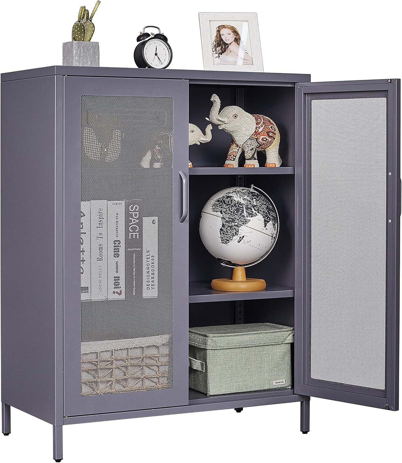 BYNSOE Metal Storage Cabinet, Multipurpose Buffet Sideboard Storage with 2 Mesh Doors and 2 Adjustable Shelves for Kitchen, Living Room- Dark Gray
