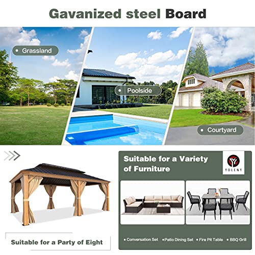 YOLENY 10' x 12' Hardtop Gazebo, Wood-Looking Gazebo with Galvanized Steel Double Roof, Aluminum Frame, Permanent Metal Pavilion with Netting and Curtains for Deck, Backyard, Patio and Lawns