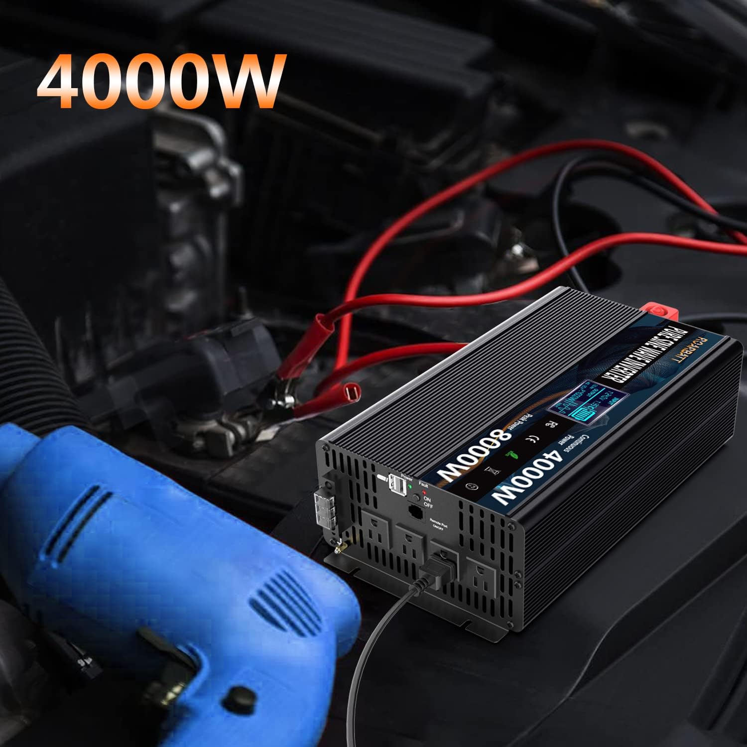Pure Sine Wave Power Inverters 4000Watt 12V DC to AC 110V 120V Peak Power 8000Watt with Remote Control 4 AC Outlets and Dual USB Port for CPAP RV Car Solar System Emergency