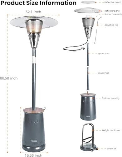 50,000 BTU Patio Heater for Outdoor Use With Adjustable Heat Focusing Top, Propane Patio Heater with Wheels, Stainless Steel Burner for Porch Garden Commercial Residential, Dark Brown