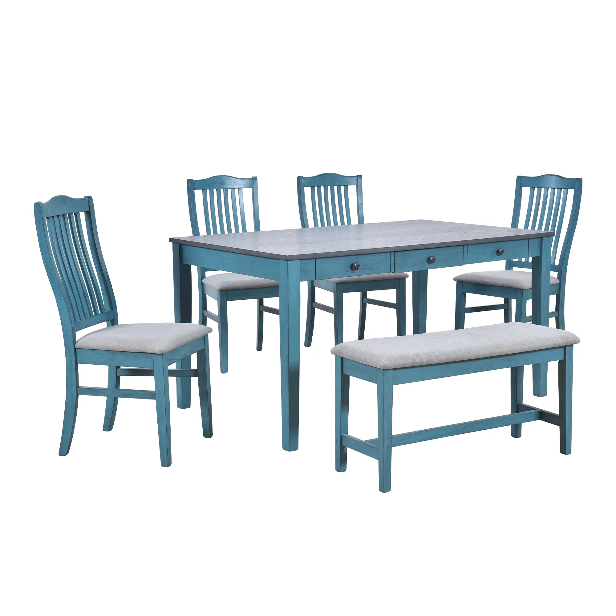 Churanty Farmhouse 6 Pieces Dining Table Set for 6,Rectangle Wood Kitchen Table with Drawer and 4 Upholstered Chairs and Bench,Antique Blue