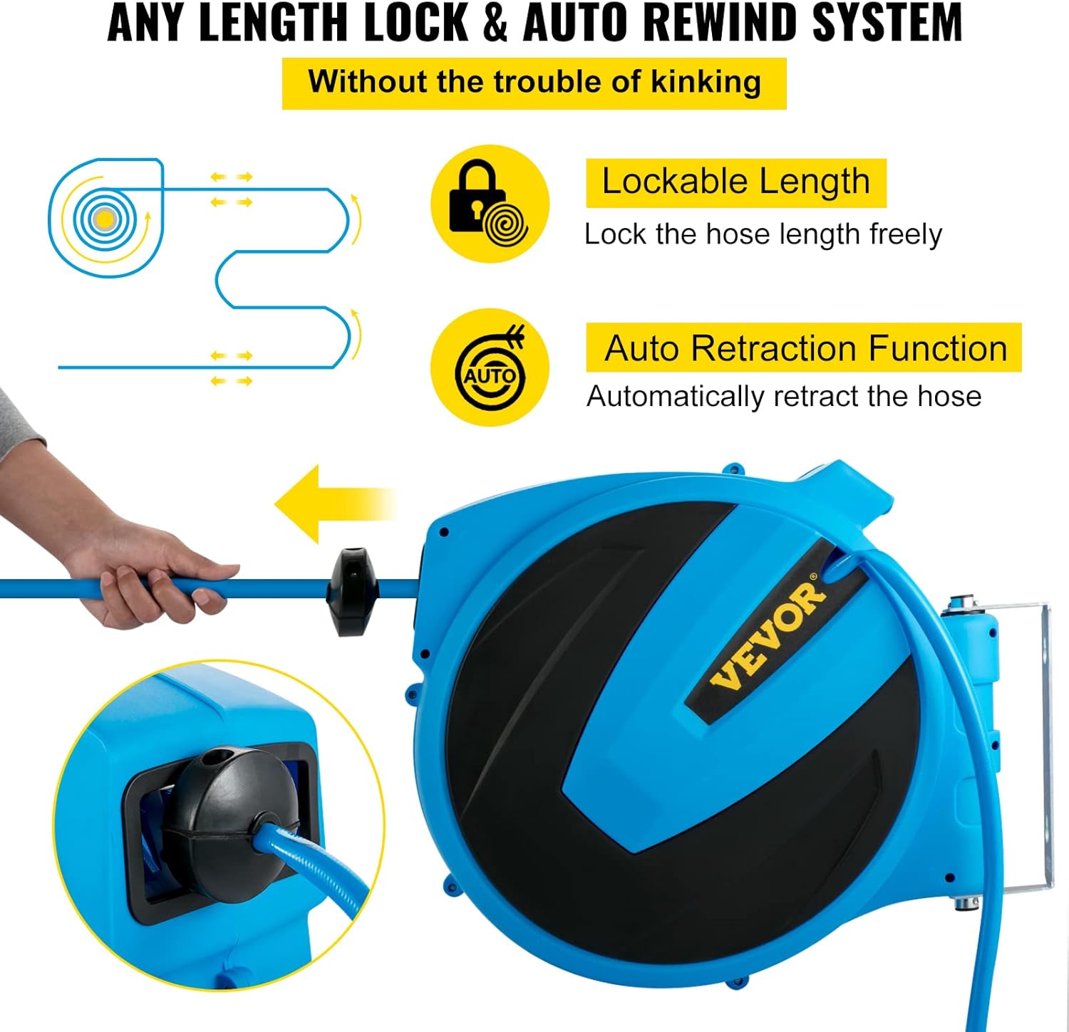 VEVOR Retractable Hose Reel, 1/2 inch x 75 ft, Any Length Lock & Automatic Rewind Water Hose, Wall Mounted Garden Hose Reel w/ 180° Swivel Bracket and 7 Pattern Hose Nozzle, Blue