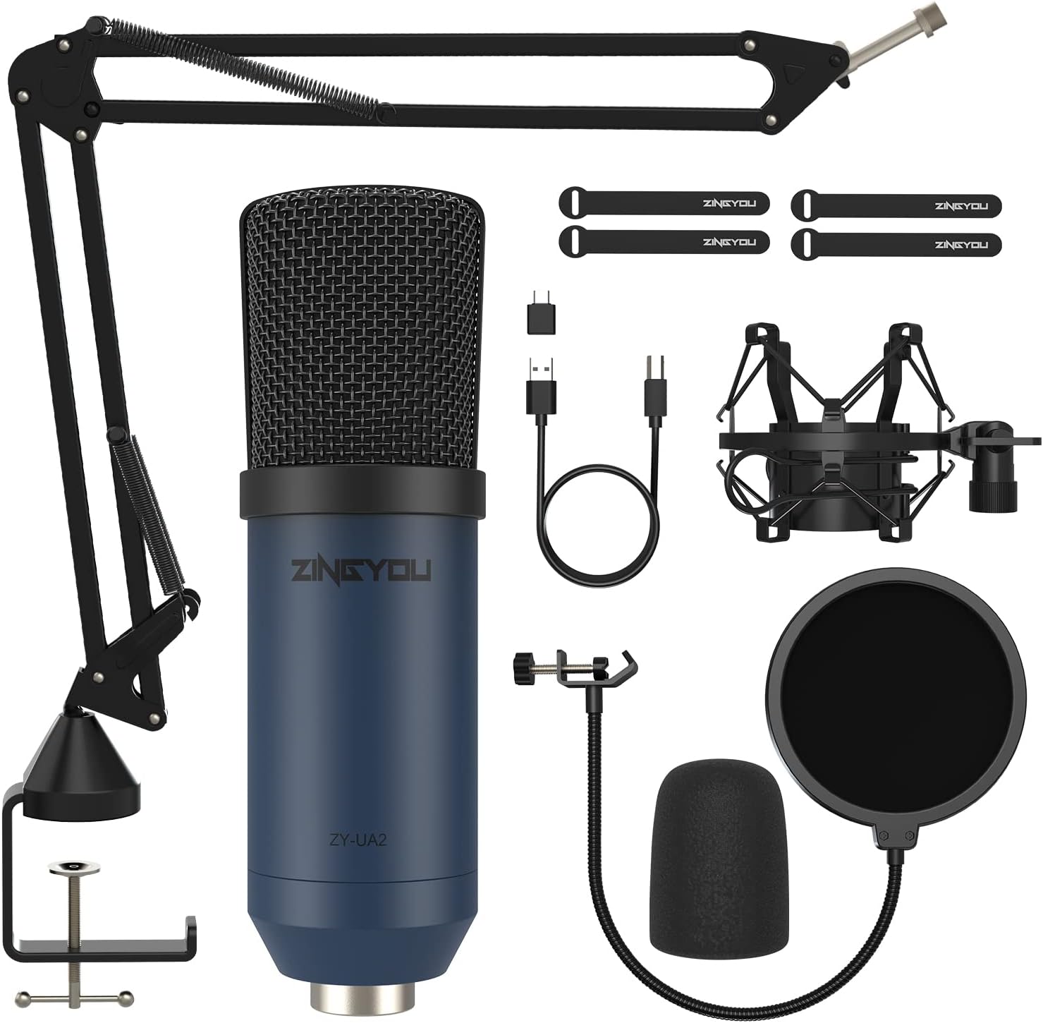 USB Condenser Microphone, ZINGYOU 96KHz/24Bit Cardioid Computer Mic Kit for PC Recording, Gaming, Live Streaming, Voice Over, YouTube, Twitch, with Upgraded Boom Arm, ZY-UA2 (Gold) Pack of 2