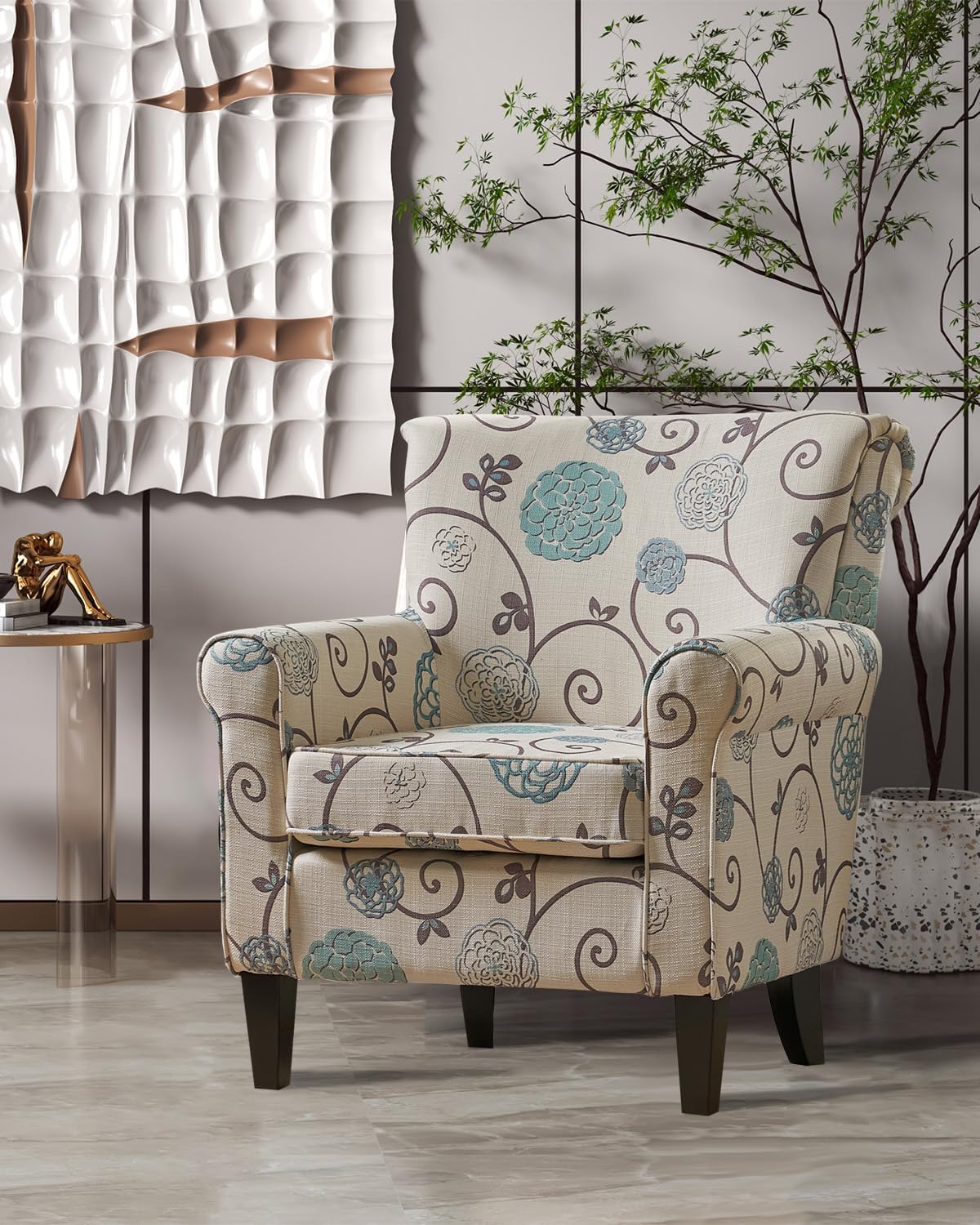 Millies Patterned Fabric Sofa, Modern Chic Couch,Living Room Armchair with Wooden Metal Legs for Bedroom Living Reading Room,White/Blue Crushed Floral Sofa