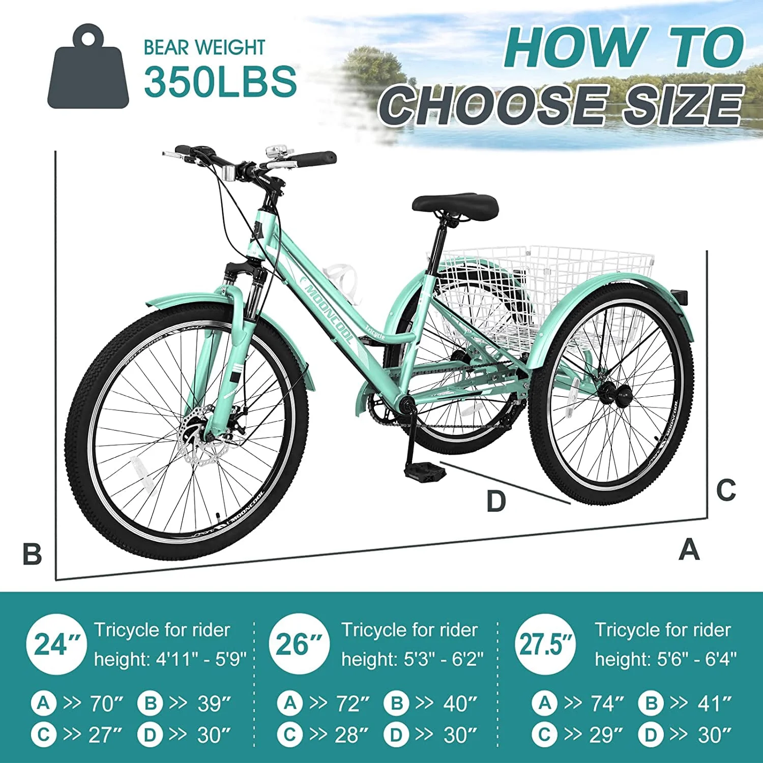 Lilypelle Adult Mountain Tricycle 24/26/27.5 Inch Low step through Mountain Bike Cruiser Trikes for Adults 7 Speed Three Wheel Trike Bike Bicycle with Large Basket