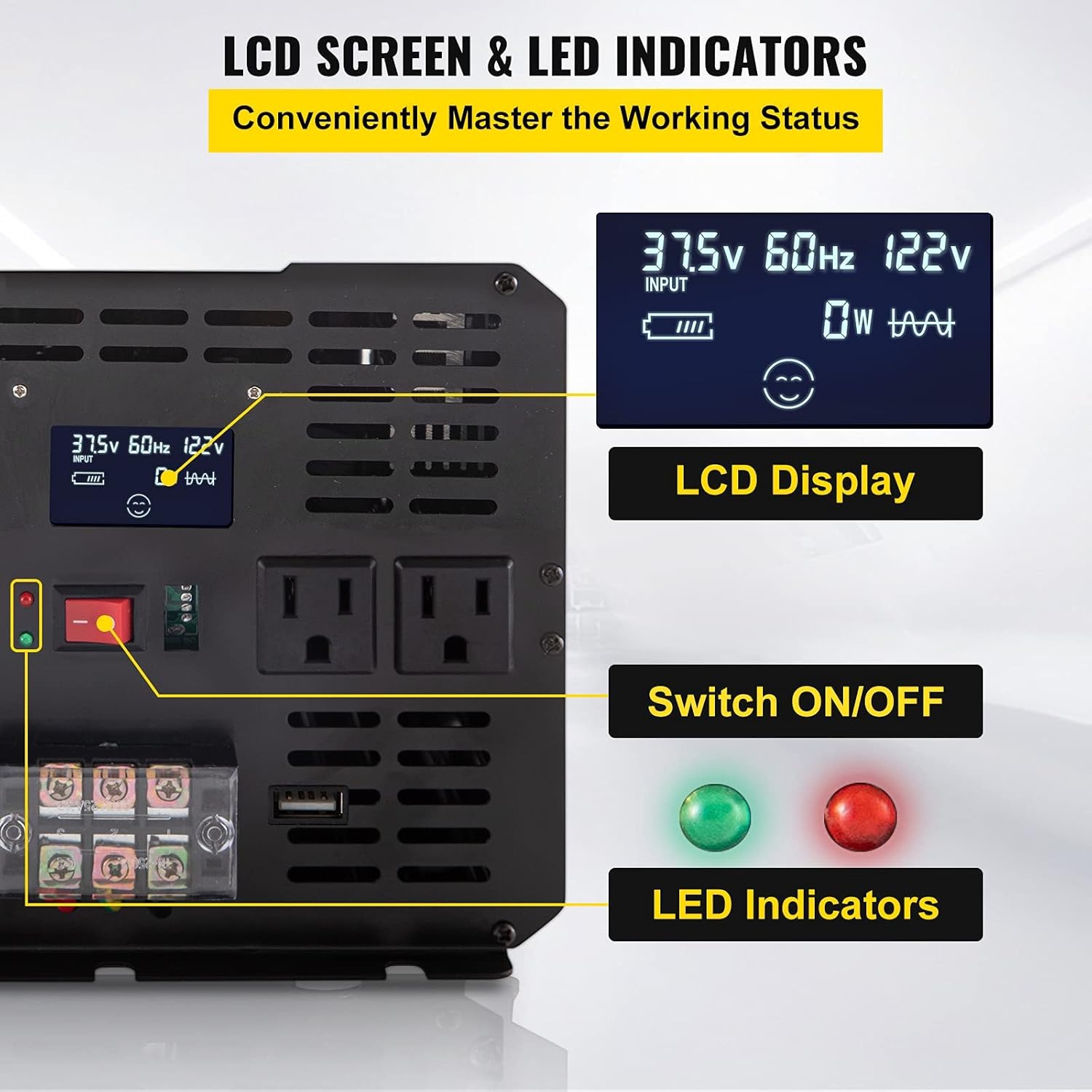 VEVOR Power Inverter, 5000W Modified Sine Wave Inverter, DC 36V to AC 120V Car Converter, with LCD Display, Remote Controller, LED Indicator, AC Outlets Inverter for Truck RV Car Boat Travel Camping
