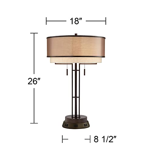 Franklin Iron Works Andes Rustic Industrial Table Lamp with USB and AC Power Outlet Workstation Charging Base 26" High Oil Rubbed Bronze Stacked Double Shade for Living Room Bedroom House Bedside