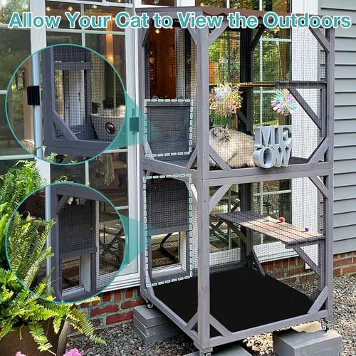 Catio Outdoor Cat Enclosure,Cat House with Wheels,Upgraded cat Scratching Post，Resting Box,Waterproof Roof for Patio Garden (Grey, 31.5" L x 31.5" W x 70.9" H)