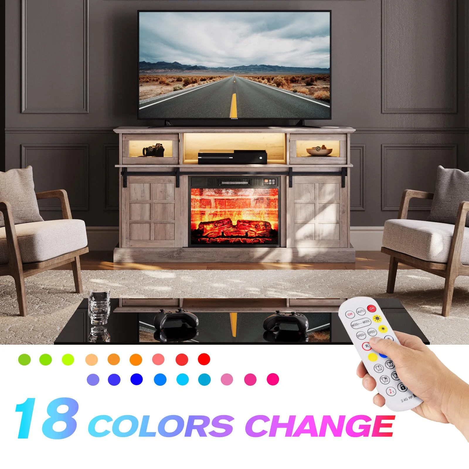 Peradix Fireplace TV Stand with 23" Electric Fireplace TV Stand for 65 Inch TV, Modern Farmhouse Entertainment Center TV Cabinet with 16 Colors RGB LED Lights Barn Door for Living Room,Bedroom,Gray