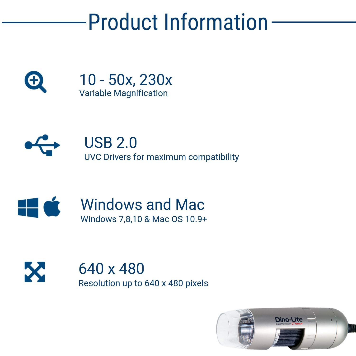 Dino-Lite USB Digital Microscope AM3111-0.3MP, 10x - 50x, 230x Optical Magnification, 8 LEDs