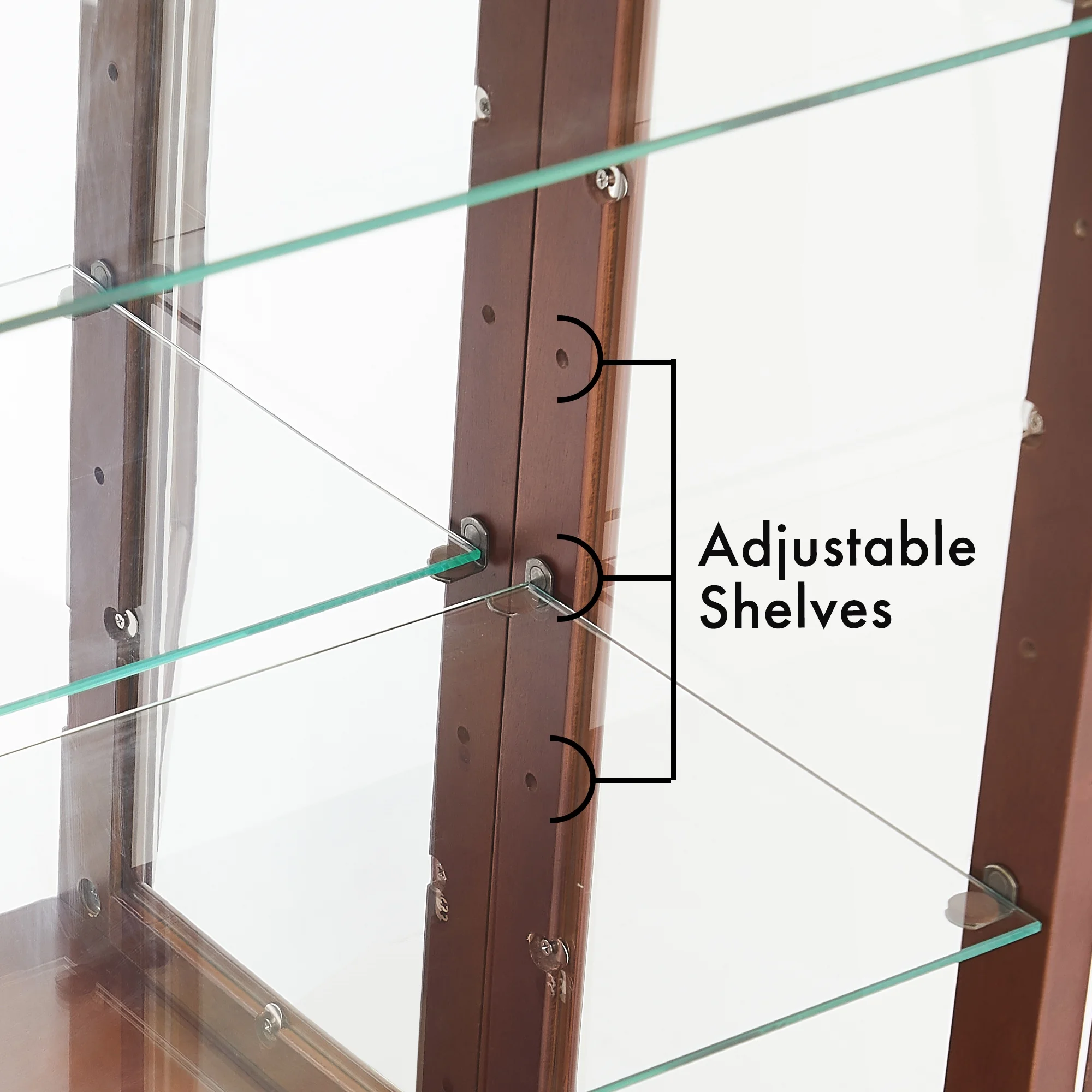 3 Shelf Lighted Curio Cabinet, 43.5" Tempered Glass Floor Display Cabinet with Adjustable Shelves and Mirrored Back Panel, E26 light Bulb Not Included, Walnut