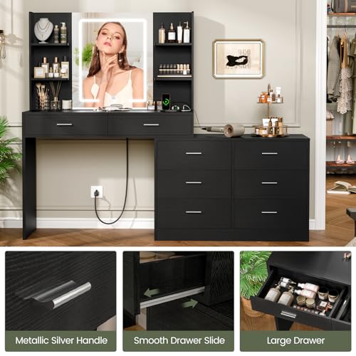 Quimoo 65.9" Vanity Desk with LED Lighted Mirror & Power Outlet, Modern Corner Makeup Vanity Table with 8 Drawers & Open Shelves, Dressing Table for Bedroom, Makeup Room