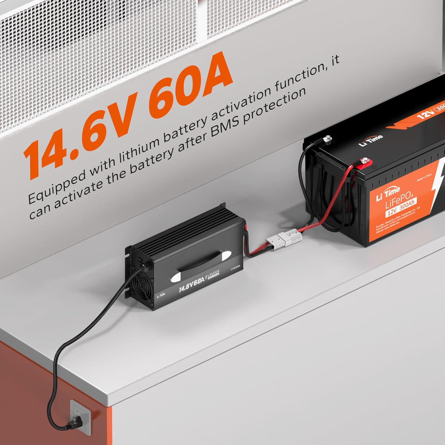 LiTime 60-Amp Lithium Battery Charger 12V LiFePO4 Battery Charger AC-DC Smart Charger with Cooling Fan，Anderson Connector LED for 14.6V LiFePO4 Lithium Batteries, 60A Fast Charging