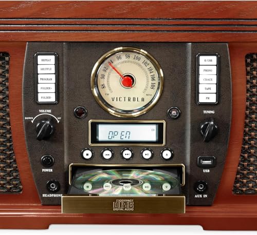 Victrola Navigator 8-in-1 Bluetooth Record Player with Built-in Speakers– 3 Speed Turntable, CD Player, Cassette, FM Radio, USB, RCA Out, Headphone Jack, Wireless Music Streaming, Real Wood (Mahogany)