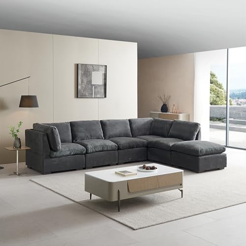 131" Oversized Modular 6 Seaters Cloud Sectional Sofa W/Reversible Chaises, Modern TV Couch L/U Shaped Free Combined Deep Seat Corner Sofa&Couch with Movable Ottoman Coffee Table for Living Room
