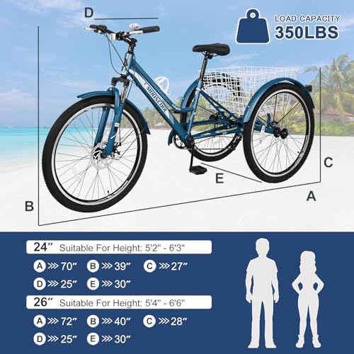 Adult Mountain Bike, 7 Speed Three Wheel Bike Mountain Tricycle Cruiser Trike, 24/26/27.5 Inch Adults Trikes with Shopping Basket, Exercise Men's Women's Tricycles