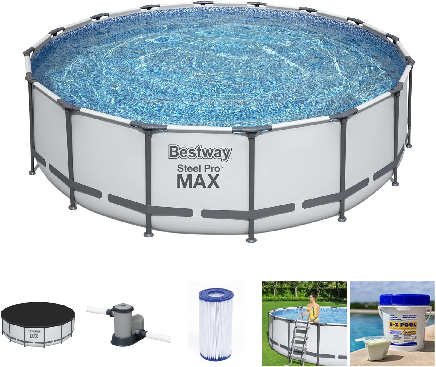 Bestway Steel Pro MAX 16 x 4 Foot Outdoor Frame Above Ground Round Swimming Pool Set with Ladder, Cover, Filter Pump, and Solution Blend