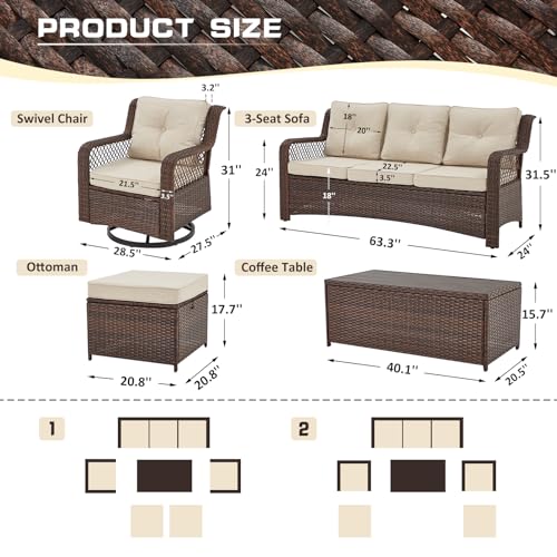 6 Pieces 360° Swivel Rocking Chairs Patio Furniture Set Wicker Outdoor Conversations Sets with Table and Ottomans for Beckyard Garden (Beige)