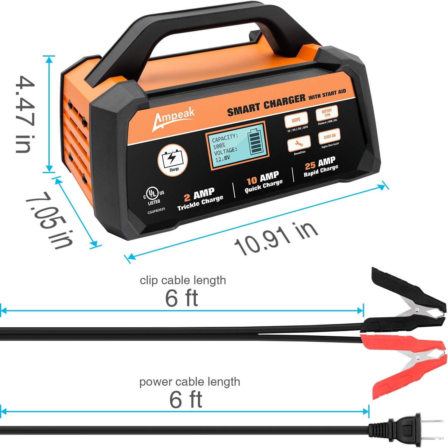Ampeak 6V 12V Smart Car Battery Charger and Maintainer 2A 8A Fully Automatic with Cable Clamps