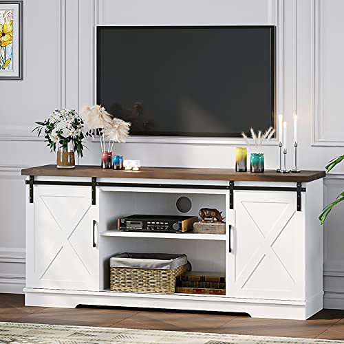 IDEALHOUSE Farmhouse TV Stand for 65 Inch TV Entertainment Center TV Media Console Table, Barn Door TV Stand with Storage and Shelves, Tall Modern TV Console Table Furniture for Living Room (White)
