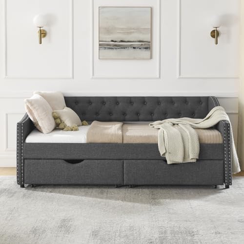 Wood Queen Size Daybed, Day Bed Frame with 2 Storage Drawers, Upholstered Bed Frame Queen Sofa Bed with Button and Nailhead Design for Bedroom Guest Room, No Box Spring Needed, Black
