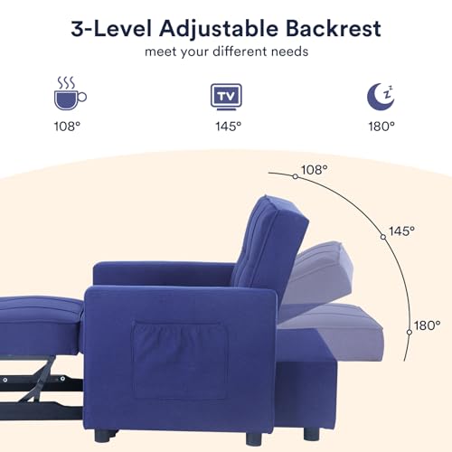 3 in 1 Convertible Sleeper Sofa Bed Pull Out Couch Futon Loveseat Velvet Chaise Lounge with 2 Pockets and 2 Pillows for Living Room, Blue