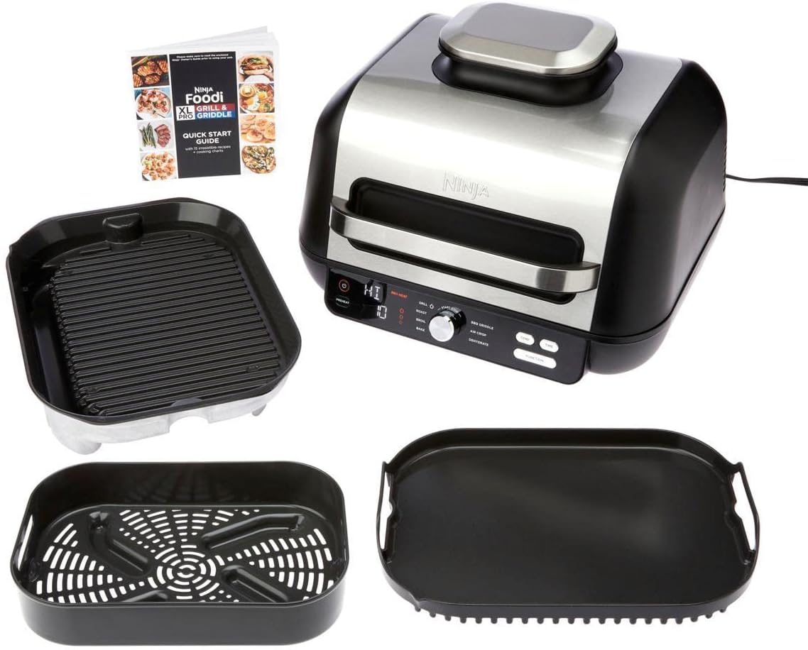 Ninja IG601 Foodi XL 7-in-1 Electric Indoor Grill Combo, use Opened or Closed, Air Fry, Dehydrate & More, Pro Power Grate, Flat Top Griddle, Crisper, Black, 4 Quarts