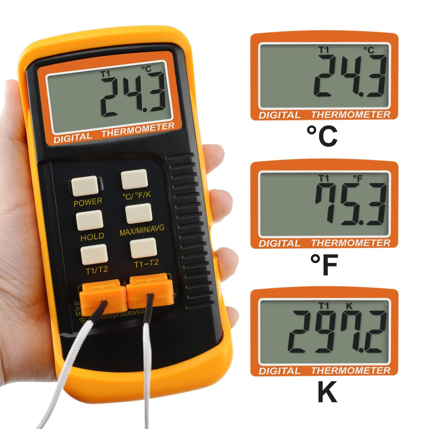 Digital 2 Channels K-Type Thermometer w/ 4 Thermocouples (Wired & Stainless Steel), -50~1300&deg;C (-58~2372&deg;F) Handheld Desktop High Temperature Kelvin Scale Dual Measurement Meter Sensor