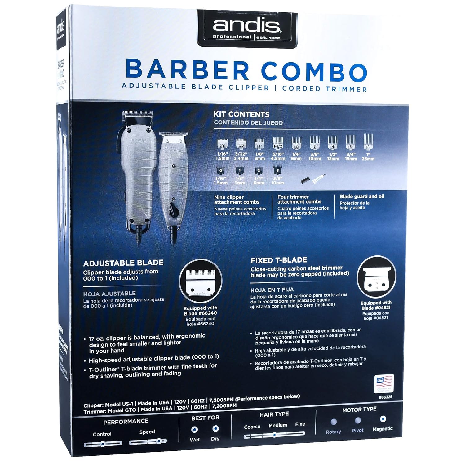 Andis Barber Combo-Powerful High-Speed Adjustable Clipper Blade & T-Outliner T-Blade Trimmer with fine Teeth for Dry Shaving, outlining and Fading with a BeauWis Blade Brush Included