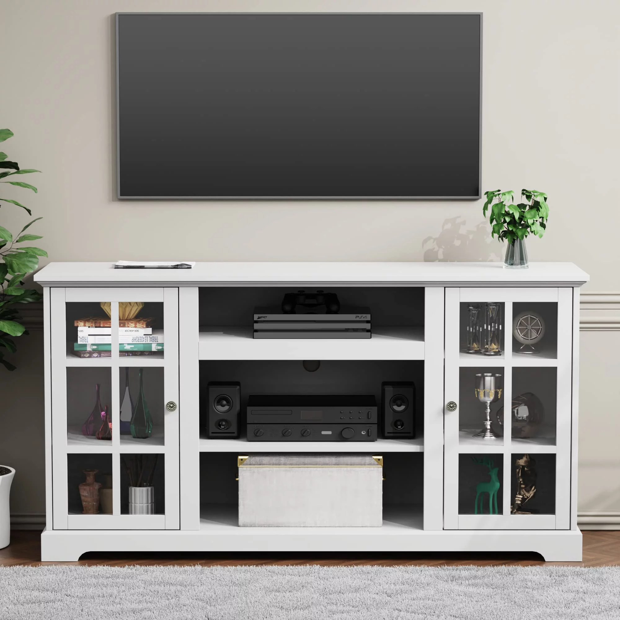 TV Stand Modern Farmhouse Wood Entertainment Center for TVs up to 65", White